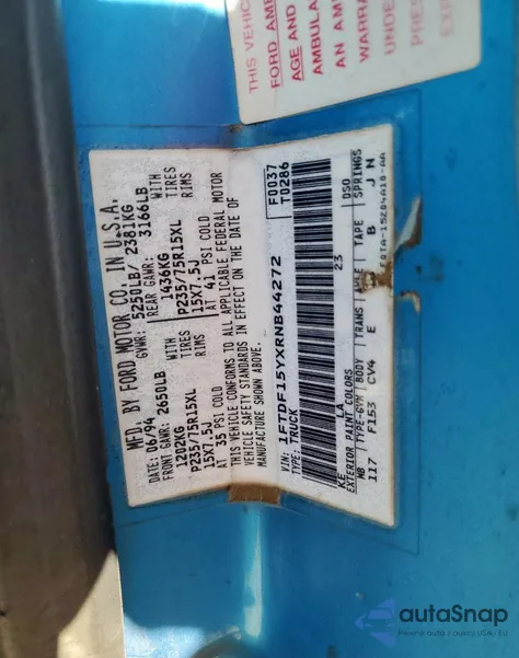 1994 Ford F150 z USA, uszkodzony, nr VIN 1FTDF15YXRNB44272